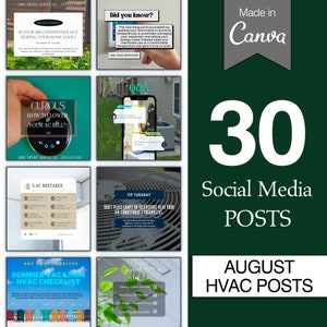 Pode incluir: Um gráfico verde com o texto "Made in Canva" e "30 Publicações de Mídias Sociais" em texto branco. Abaixo do texto está "Publicações de HVAC de agosto" em texto branco. O gráfico é cercado por uma colagem de 8 postagens diferentes de mídia social para uma empresa de HVAC.