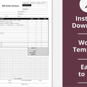 May include: A black and white printable gutter service invoice template for a business called ABC Gutter Services. The template includes sections for customer information, service address, description of product or service, color, quantity, total, contract, total, 25% deposit, balance, front of building, home owner/builder, date, phone, builder terms, and a bird's eye view grid.