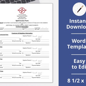 May include: A printable split invoice form template for a business that provides electrical services. The form includes fields for the customer's name, address, phone number, and payment method. It also includes fields for three neighbors who may be sharing the cost of the service. The form is designed to be used for a variety of electrical services, including installation, repair, and maintenance.