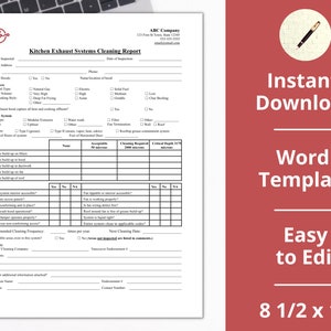 以下が含まれることがあります： Word ドキュメント形式の印刷可能なキッチン排気システム清掃レポートテンプレート。テンプレートには、物件情報、機器の詳細、排気システムの種類、清掃頻度、清掃の概要に関するセクションが含まれています。