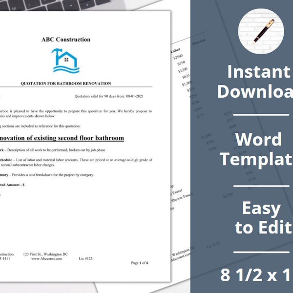 Bathroom Renovation ︱ Estimate ︱ Template ︱Remodel ︱Contract ︱Proposal