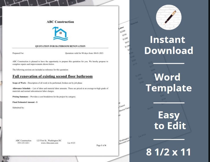 Bathroom Renovation ︱ Estimate ︱ Template ︱remodel ︱contract ︱proposal Etsy