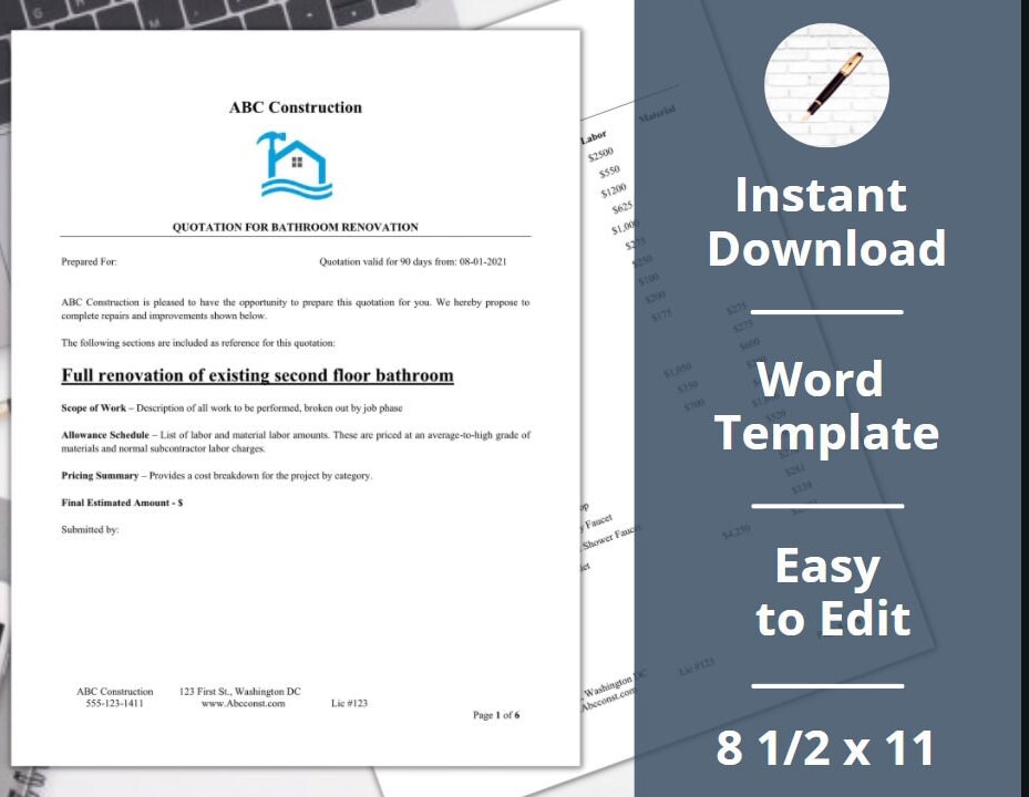 Bathroom Renovation Estimate Template remodel contract proposal Etsy