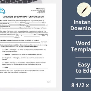 May include: A black and white document with the title "Concrete Subcontractor Agreement" and a checklist of responsibilities for a subcontractor. The document is 8.5 inches by 11 inches.