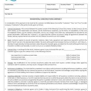Può includere: Un contratto di costruzione residenziale che delinea i termini e le condizioni tra un cliente e un appaltatore. Il documento include sezioni su documenti contrattuali, lavoro, prezzo del contratto, modifiche, linee guida sulle prestazioni, materiali pericolosi e obblighi del cliente.