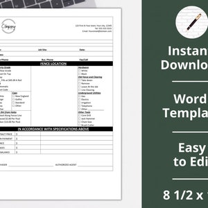 May include: A black and white printable fence installation contract form with fields for customer information, property details, fence location, and pricing. The form is titled "Fence Location" and includes a section for "In Accordance with Specifications Above".