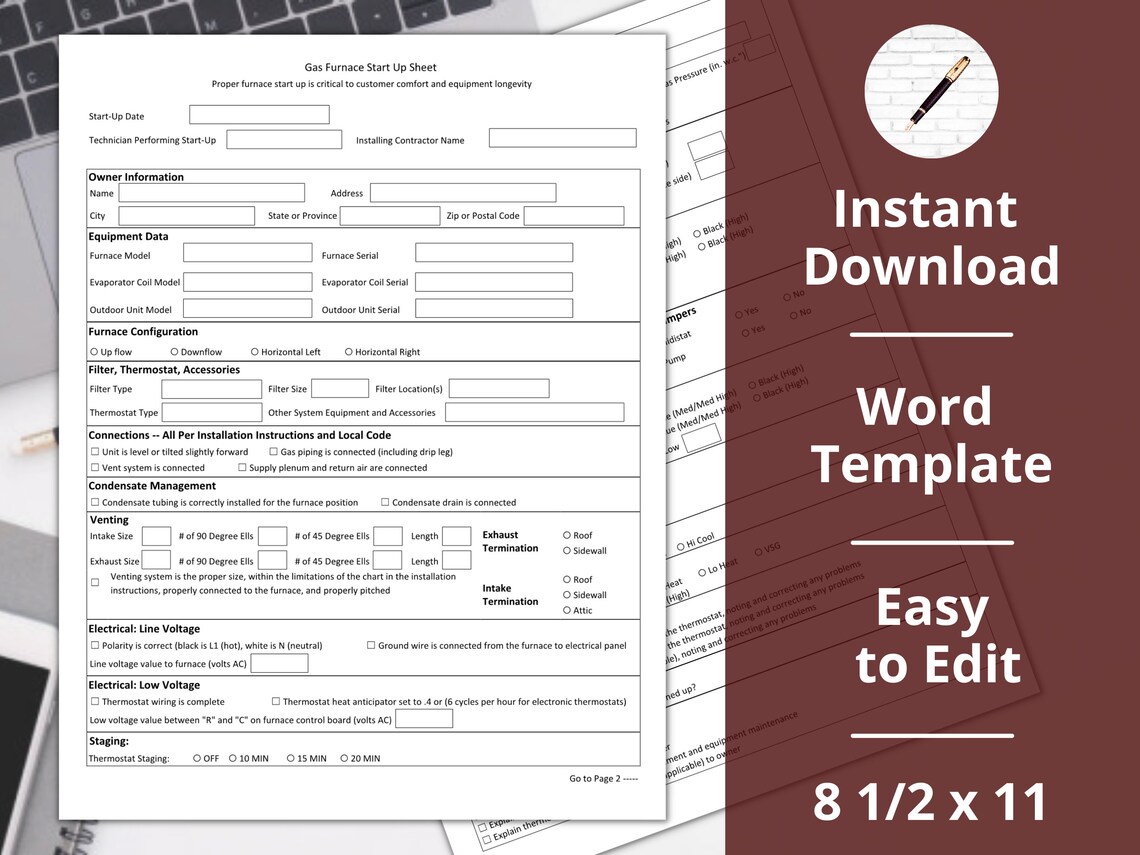 Gas Furnace Start up Check List Sheet instant Download HVAC Heating air