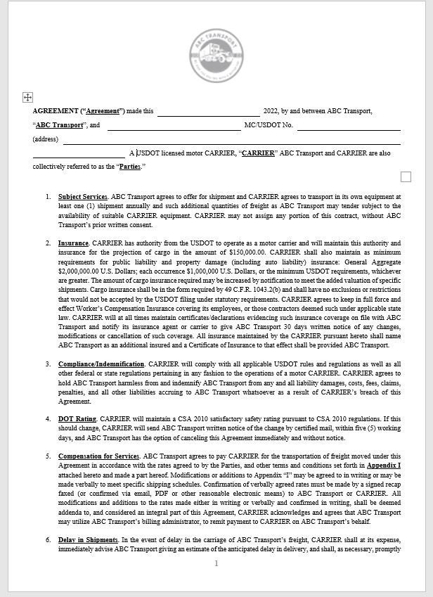 Carrier Agreement Package Broker Template carrier Agreement Etsy
