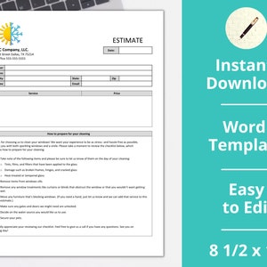Pode incluir: Um modelo de orçamento de limpeza de janelas imprimível em formato Word. O modelo inclui uma lista de verificação de coisas que devem ser preparadas para o serviço de limpeza, como remover os tratamentos de janelas, garantir a segurança dos animais de estimação e certificar-se de que todos os portões ou portas estejam destrancados. O modelo mede 8 1/2 por 11 polegadas.