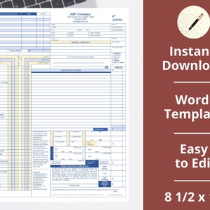 Puede incluir: Una plantilla de orden de trabajo imprimible en formato de documento Word. La plantilla mide 8 1/2 por 11 pulgadas e incluye secciones para la lista de piezas, la descripción del trabajo y los cargos por mano de obra.