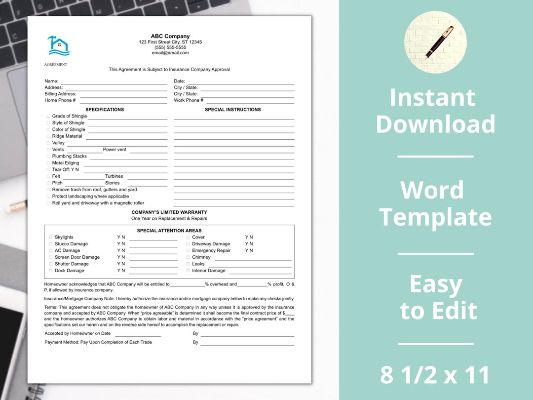 Roof insurance Form Roofing Replacement estimate Invoice Instant