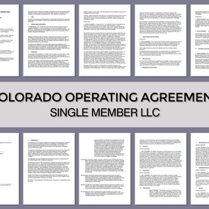 Könnte beinhalten: Eine Ansammlung von Dokumenten, vermutlich rechtlicher oder geschäftlicher Natur, angeordnet auf grauem Hintergrund. Die Dokumente sind weiß mit schwarzem Text. Der zentrale Text lautet "COLORADO OPERATING AGREEMENT SINGLE MEMBER LLC."