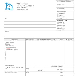 Puede incluir: Un formulario de factura de mantenimiento de césped en blanco con un logotipo de casa azul y el texto "ABC Company" en la parte superior. El formulario incluye secciones para el número de cuenta del cliente, el número de teléfono, la fecha de la factura, el tipo de cuenta, la clave de frecuencia, el trabajo realizado, la frecuencia, la descripción/material utilizado, la unidad, la cantidad, la dirección del viento, la fecha, la hora, la firma del técnico, el cargo por equipo, el subtotal, los impuestos y el total.