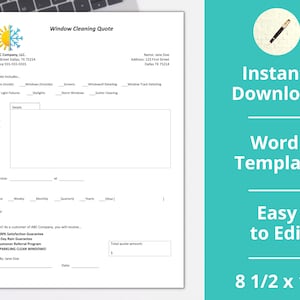 May include: A printable window cleaning quote template in a Word document format. The template includes sections for customer information, details of the service, frequency, and total quote amount. It also highlights a 100% satisfaction guarantee, a 2-day rain guarantee, and a customer referral program.