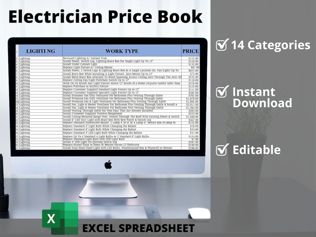 Electrician Price Book ︱ Electrical ︱excel ︱spreadsheet ︱instant Download Etsy