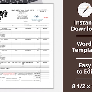 以下が含まれることがあります： 清掃サービス用の白黒の作業指示書と請求書テンプレート。テンプレートには、清掃、すすのシール、消毒、静電フィルター、その他項目のセクションが含まれています。テンプレートのサイズは 21.6 cm x 27.9 cm です。