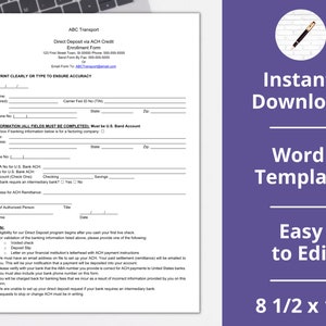 May include: A printable direct deposit enrollment form for ABC Transport. The form includes fields for carrier information, bank account details, and an authorized person's signature. The form is designed for easy editing and is available for instant download.