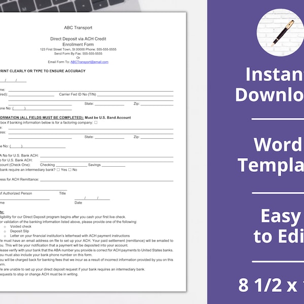 Carrier Direct Deposit Form︱ Instant Download ︱Microsoft Word ︱ACH Template