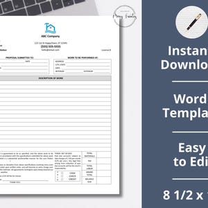 May include: A black and white printable proposal template for a company called ABC Company. The template includes sections for proposal submitted to, work to be performed at, description of work, total materials, tax, labor, grand total, balance due, and payment options. The template is 8 1/2 by 11 inches.