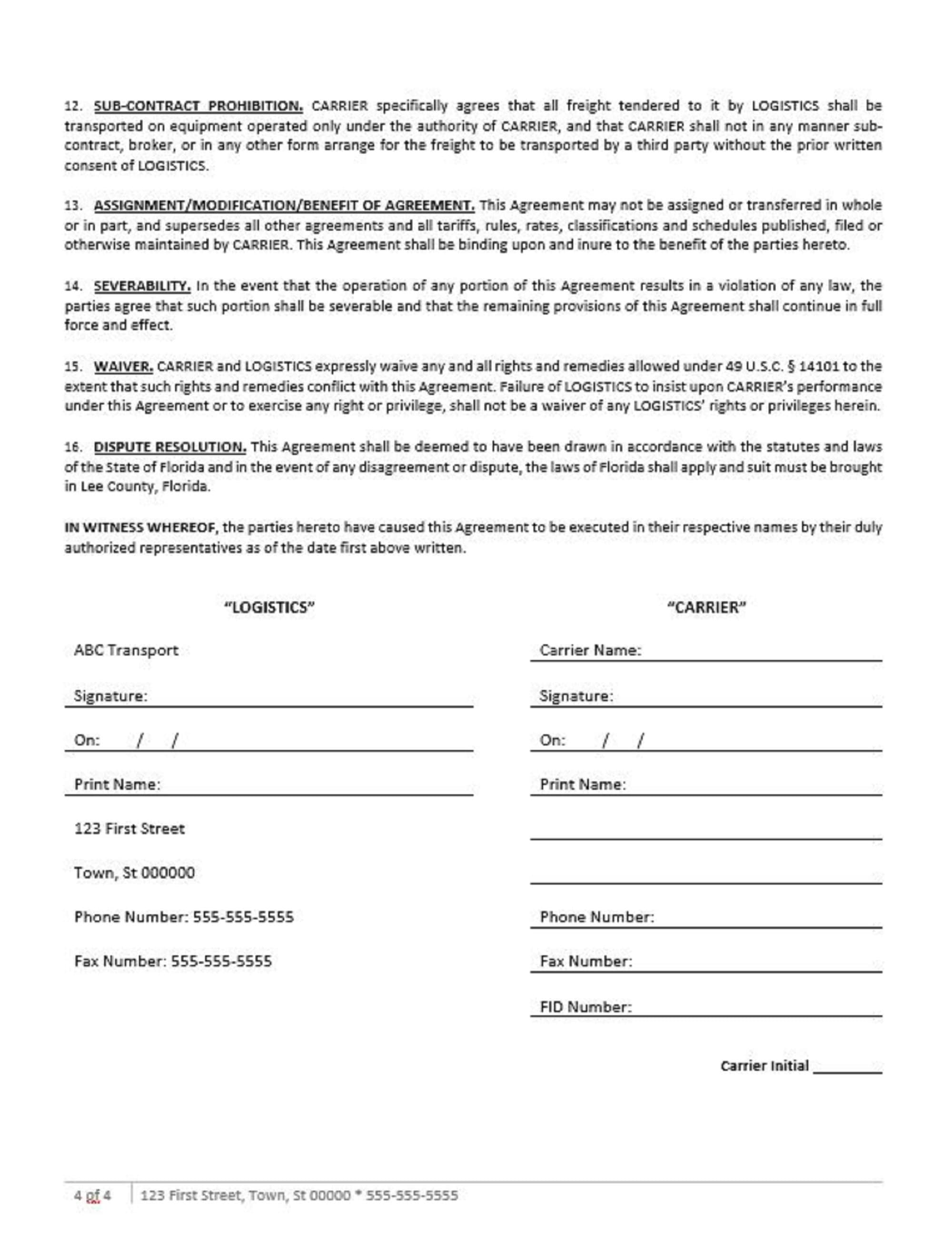 Simple Carrier/broker agreement instant Download template microsoft