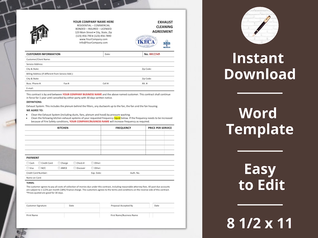 Kitchen Exhaust cleaning agreement invoice estimate template contract