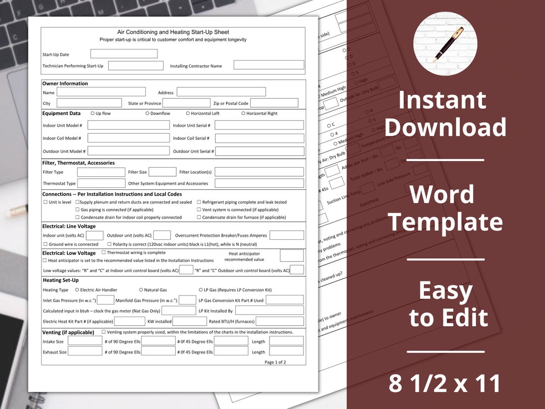 AC Start up Check List Sheet instant Download HVAC Heating air