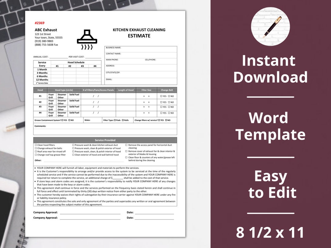 Kitchen exhaust Cleaning Estimate template Etsy