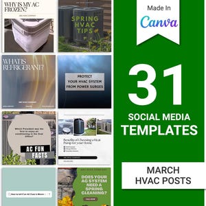 May include: A collage of 31 social media templates for HVAC businesses. The templates feature images of air conditioners, text about HVAC services, and the words "March HVAC Posts".