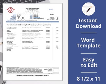 Schwimmbad Kostenvoranschlag ︱Vorschlag ︱Rechnung ︱Konstruktion ︱Instant Download File