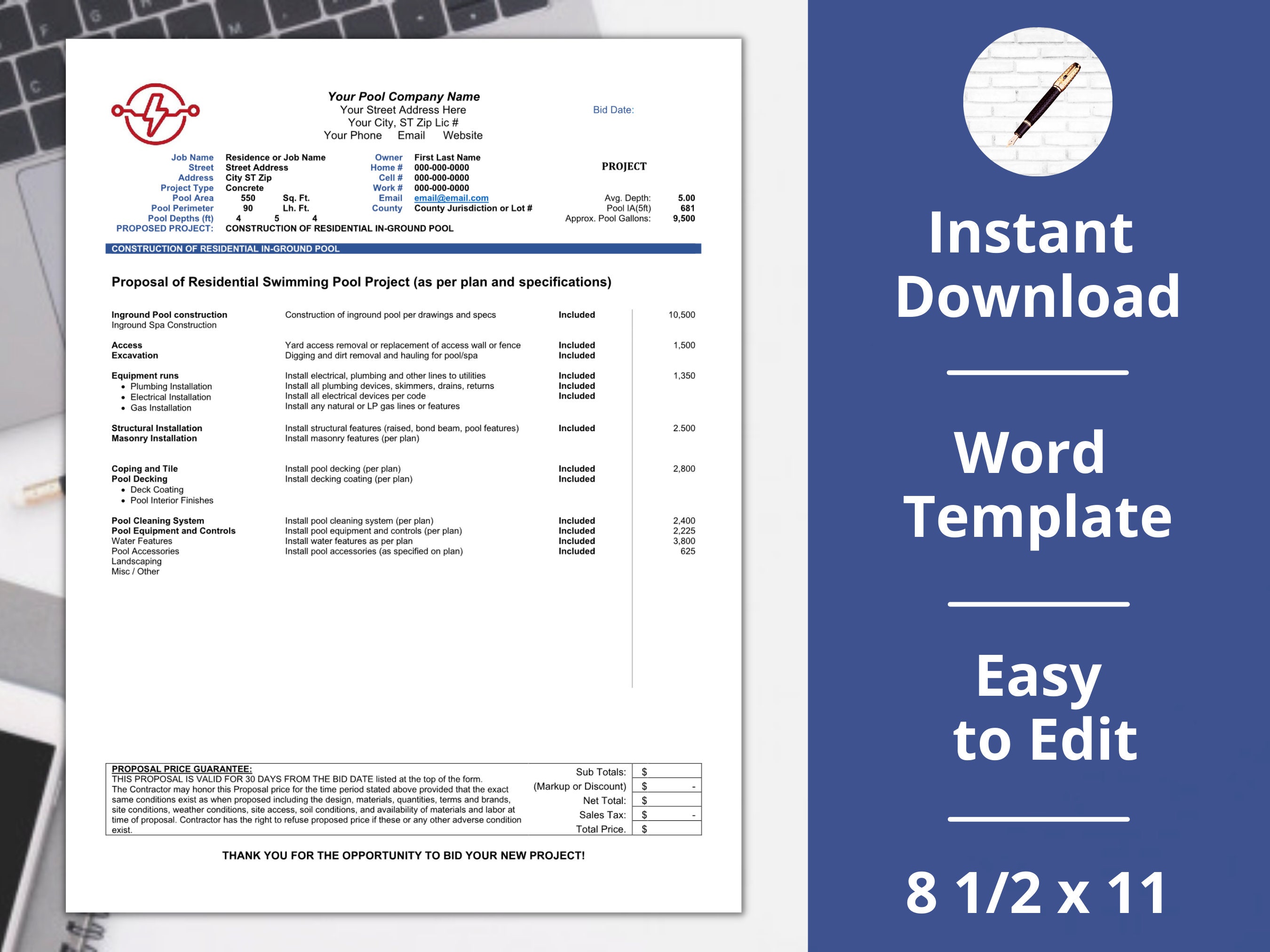 Swimming Pool Estimate proposal invoice construction instant Download Swimming Pool Estimate proposal invoice construction instant Download