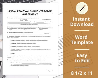 May include: A white document titled "SNOW REMOVAL SUBCONTRACTOR AGREEMENT" with fillable fields. The document is on a desk with a keyboard. Text on a brown background reads "Instant Download, Word Template, Easy to Edit, 8 1/2 x 11".