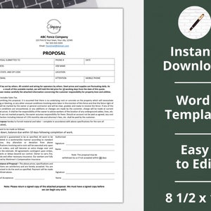 May include: A white and black printable proposal template for a fence company. The template includes sections for the company name, address, phone number, job name, location, attention, date, mobile phone, and fax number. The template also includes sections for the proposal submitted to, address, city, state, and zip code. The template includes a section for payment terms and a signature line.