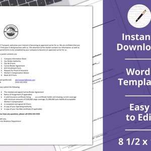 Puede incluir: Un documento con el texto "ABC Transport" y un logotipo. El documento enumera el contenido del paquete y los formularios requeridos para convertirse en un transportista aprobado. El documento también incluye información de contacto e instrucciones. El documento está etiquetado como "Descarga instantánea Plantilla de Word Fácil de editar 21,59 x 27,94 cm".