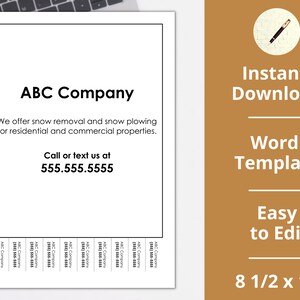 Può includere: Un modello Word stampabile in bianco e nero per un'azienda di rimozione della neve e di spalatura della neve. Il modello presenta il testo "ABC Company" e un numero di telefono. Il modello misura 8 1/2 per 11 pollici.