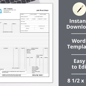 May include: A black and white printable job work order template for a company called ABC Company. The template includes sections for customer information, job details, description of work, materials, labor, and total charges. The template is designed for 8 1/2 x 11 inch paper.