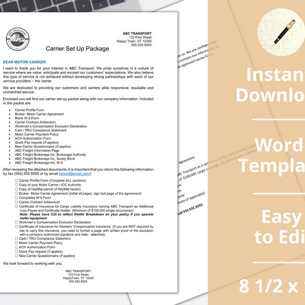Carrier Set up Package ︱ Broker Template ︱Carrier Agreement ︱ Trucking Company ︱ Instant Download ︱ Edit in Microsoft Word