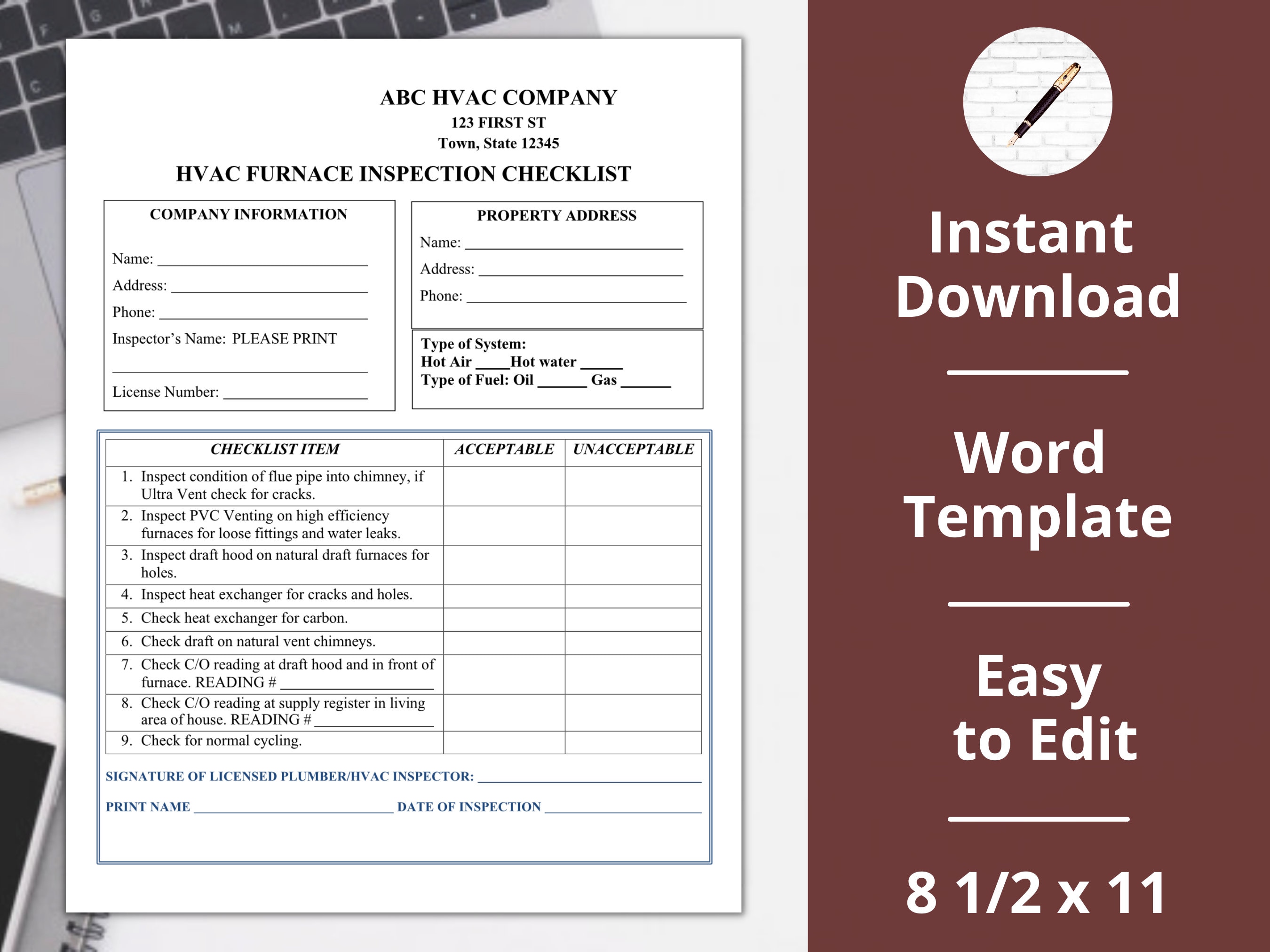 HVAC Furnace Inspection checklist maintenance Inspection Template word
