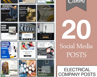 Op de afbeelding: Een collage van 20 social media berichten voor een elektrotechnisch bedrijf. De berichten tonen verschillende elektrische diensten, waaronder plafondventilatorinstallaties, service voor zekeringkasten en elektrische panelen, inbouwverlichting installatie, aangeboden elektrische diensten, elektrische reparatiediensten, elektrische veiligheidsinspecties, installatie van huisgeneratoren en huisbekabeling. De berichten zijn ontworpen om visueel aantrekkelijk en informatief te zijn, met een mix van afbeeldingen en tekst.