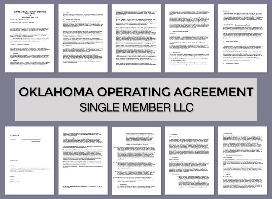 Oklahoma Operating Agreement template LLC instant Download single