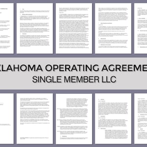 May include: A legal document titled "Oklahoma Operating Agreement Single Member LLC". The document outlines the terms and conditions of a single-member limited liability company operating in Oklahoma.