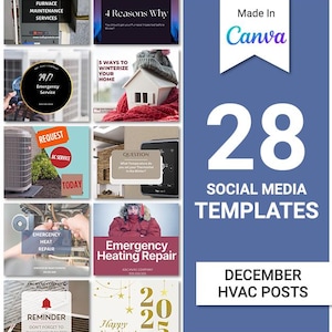 Pode incluir: Uma coleção de 28 modelos de mídia social para empresas de HVAC. Os modelos apresentam uma variedade de designs, incluindo imagens de fornos, condicionadores de ar e temas festivos. O texto nos modelos inclui frases como "Reparo de aquecimento de emergência", "Solicitar serviço de ar condicionado" e "Preparar sua casa para o inverno".