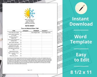 May include: A rate sheet template with the text "RATE SHEET" and "Time and Material Rates T&M". The document includes a table with itemized services and rates. The words "Instant Download", "Word Template", and "Easy to Edit" are also visible.