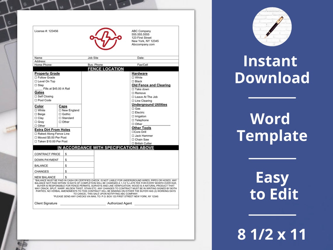 Fence invoice fencing installation Contract proposal agreement