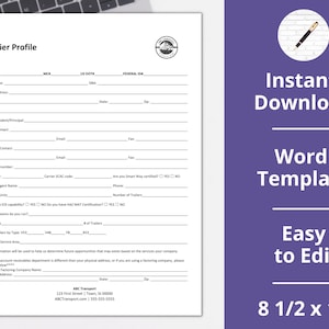 May include: A printable carrier profile form for trucking companies. The form includes fields for SCAC code, carrier name, physical address, phone number, email, and more. The form is 8 1/2 x 11 inches.