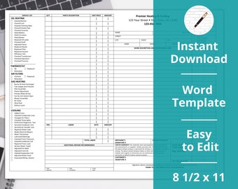 May include: A black and white printable HVAC service invoice template for Premier Heating & Cooling. The template includes a service list, customer information, work description, and additional repairs recommended. The template is 8 1/2 by 11 inches.