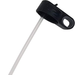 May include: Black plastic water bottle lid with a clear plastic straw attached. The lid has a small handle on the side.