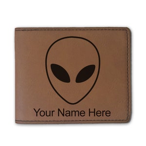 Cartera plegable de cuero sintético, cabeza alienígena, grabado personalizado incluido