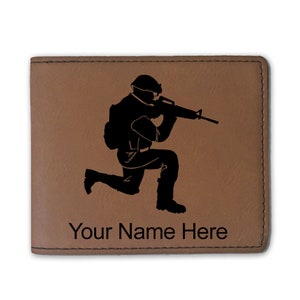 Cartera plegable de cuero sintético, soldado militar, grabado personalizado incluido
