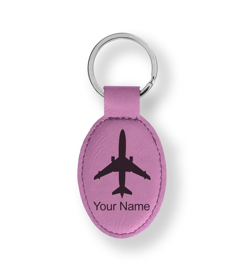 Faux Leather Oval Keychain,\u00a0Jet Airplane Personalized Engraving Included