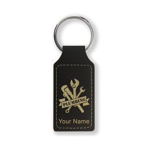 Faux Leather Rectangle Keychain, Plumbing, Personalized Engraving Included